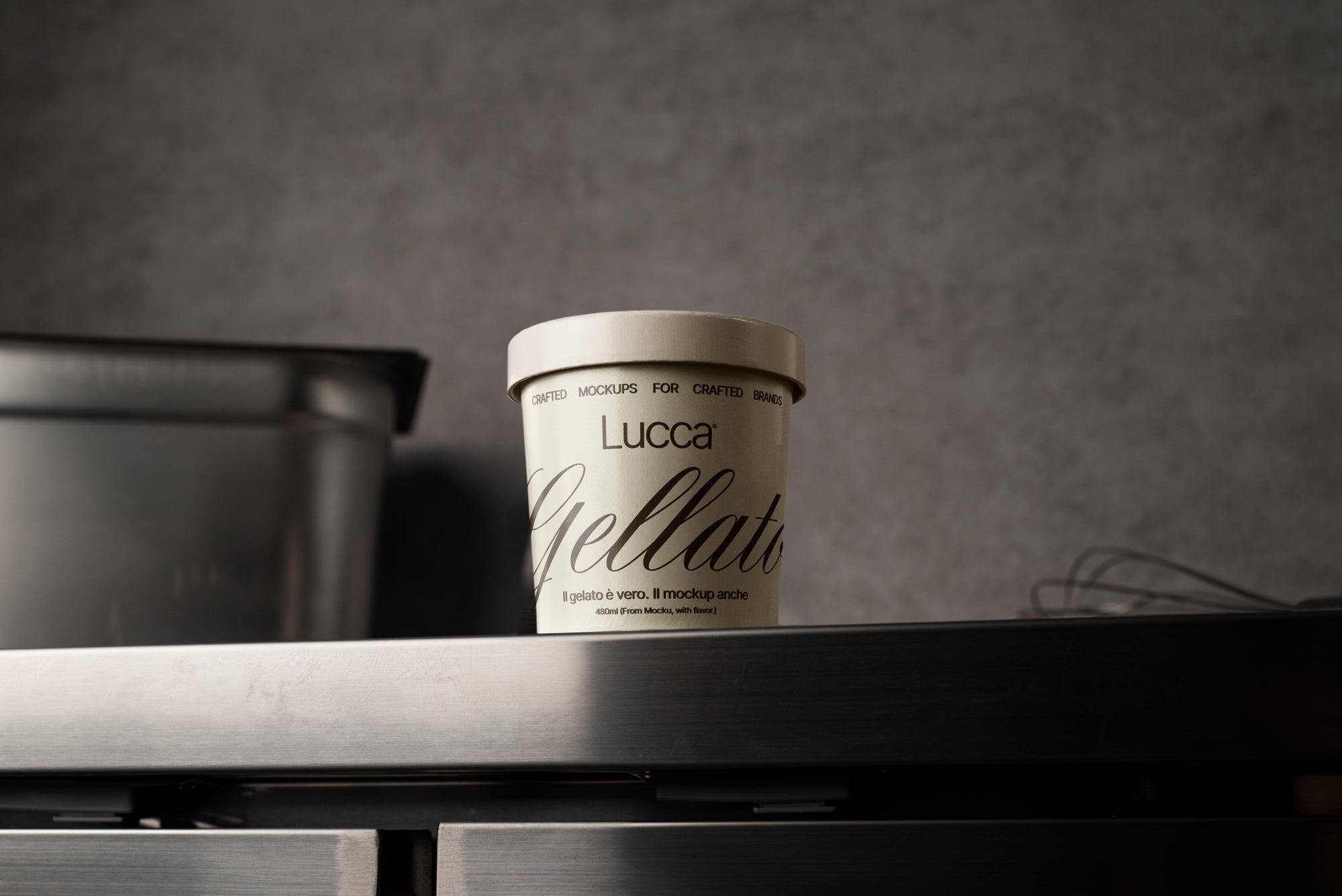 Ice Cream Tub Placed on Industrial Steel Surface Mockup
