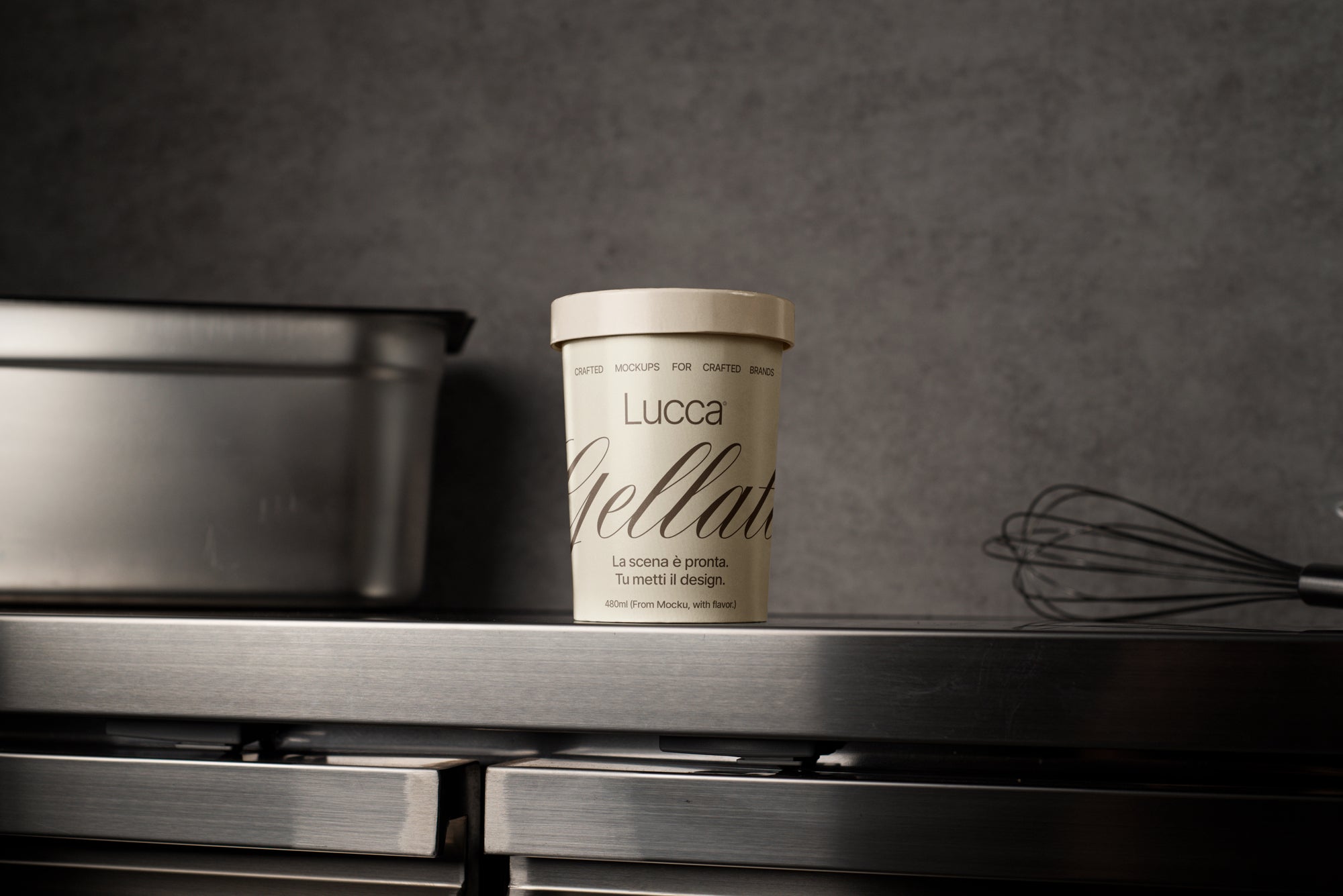 Ice Cream Tub on Stainless Steel Counter with Whisk Mockup