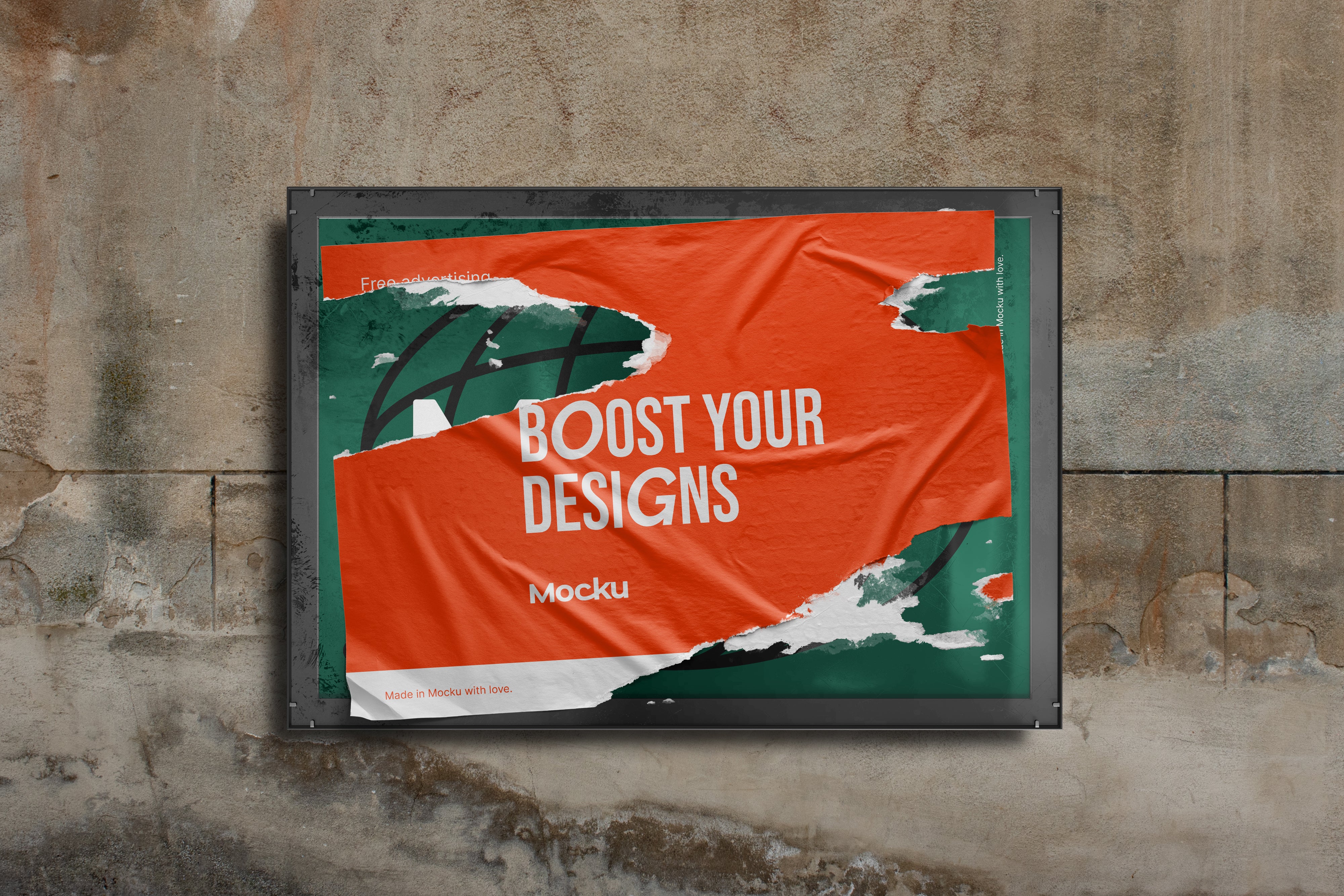 FREE Ripped Glued Poster on Billboard Mockup