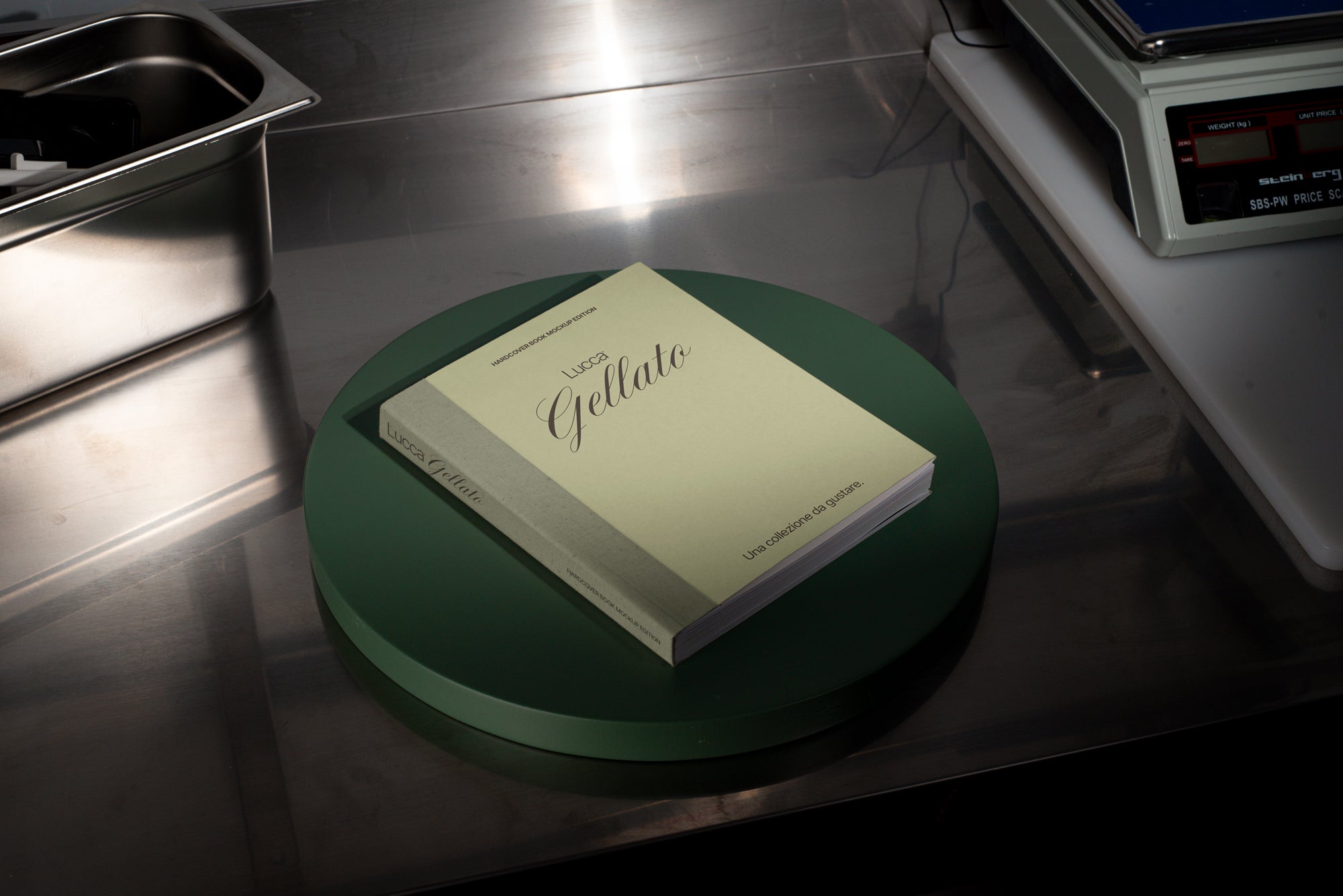 Book on Green Pedestal in Stainless Steel Setting Mockup