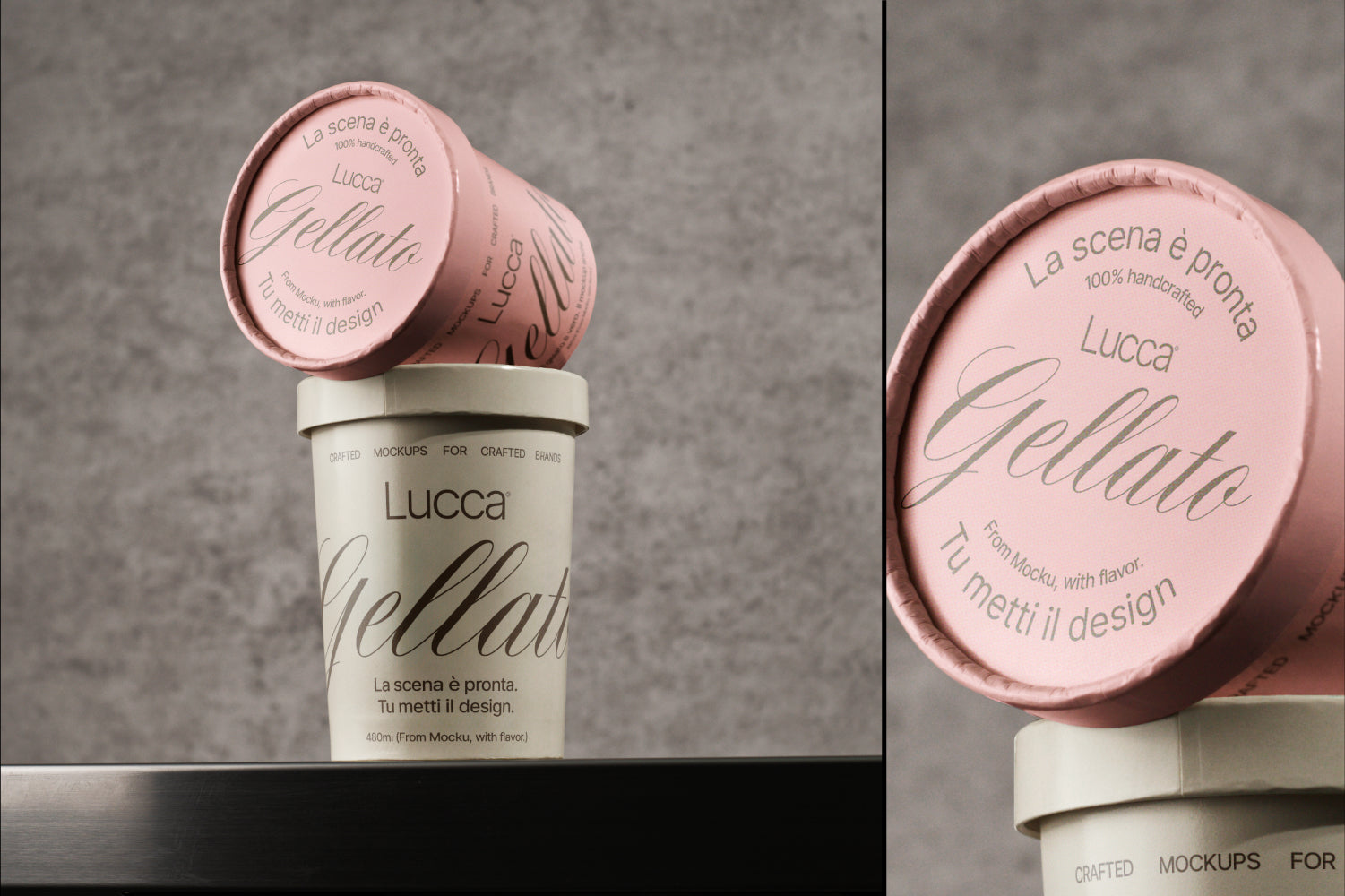 Stacked Ice Cream Tubs on Industrial Surface Mockup