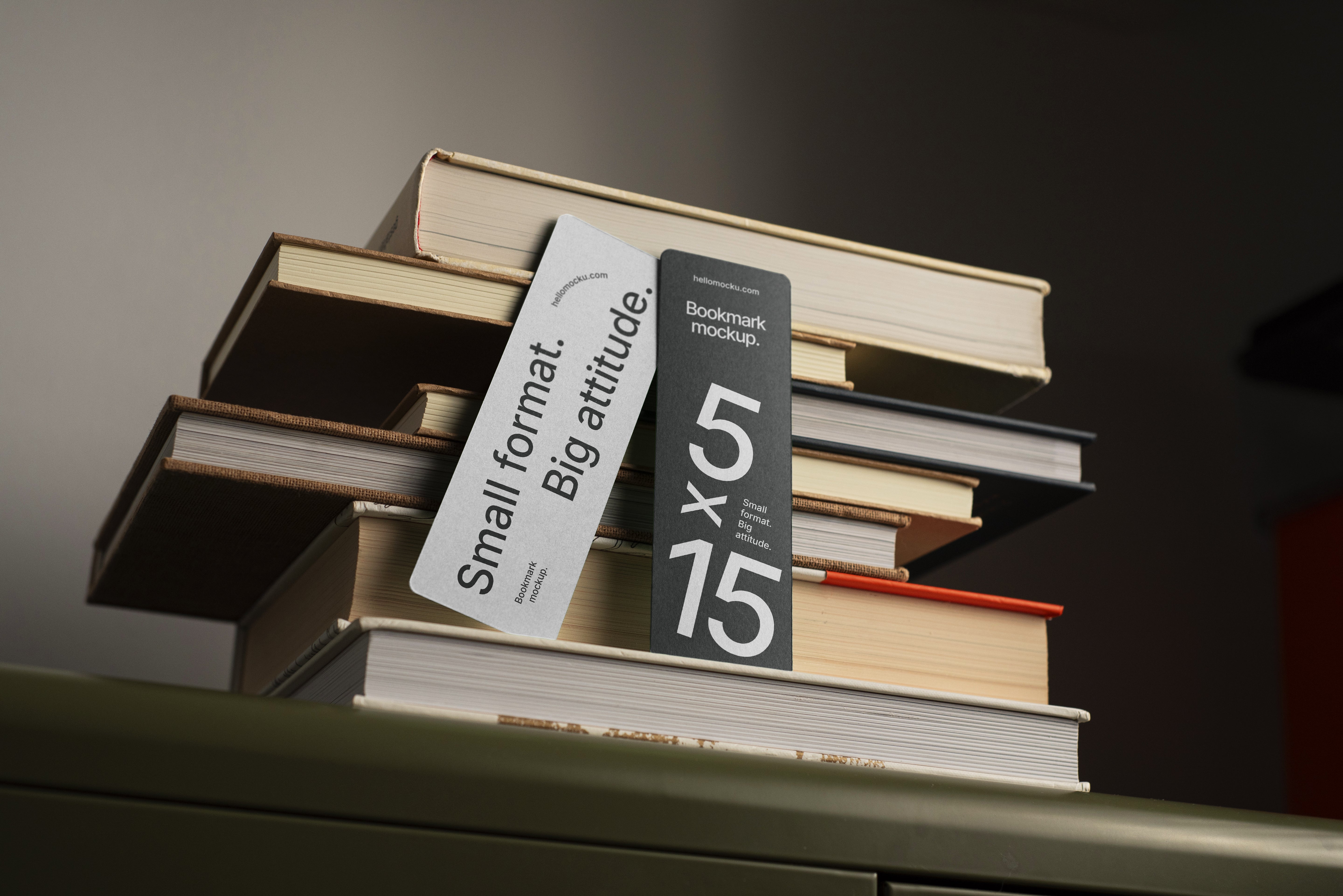 Two Bookmarks on Stacked Books Mockup
