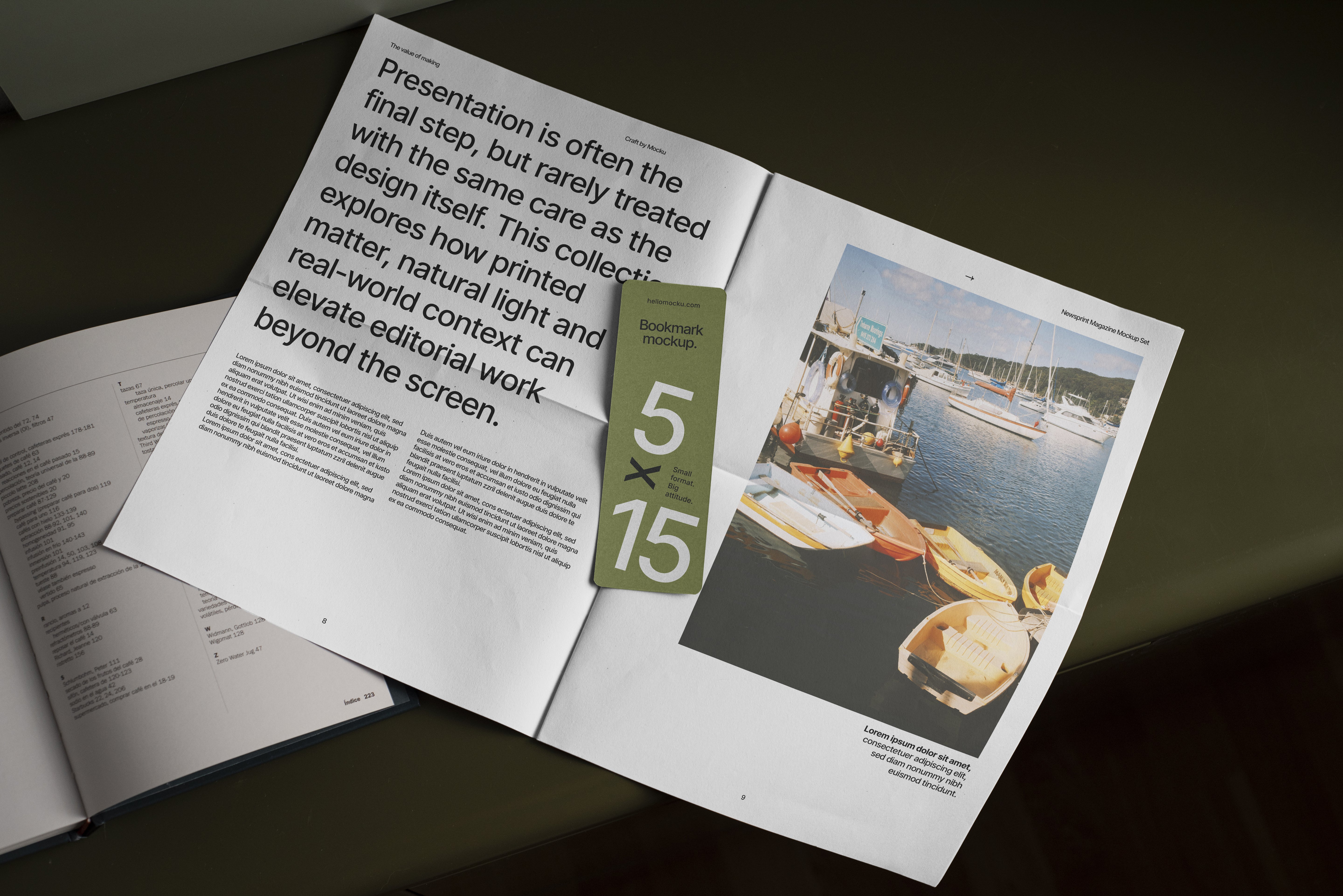 Bookmark & Newsprint Double Page Mockup