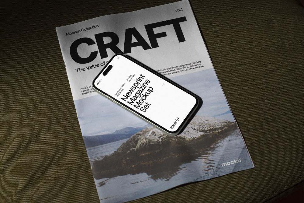 Newsprint Magazine on Chair with Smartphone Mockup
