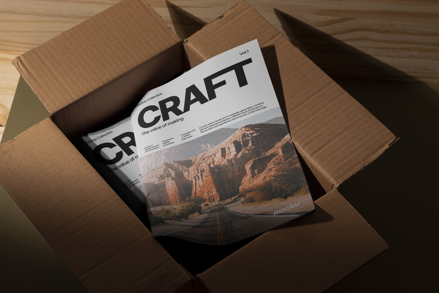 Newsprint Magazine on Cardboard Box Mockup
